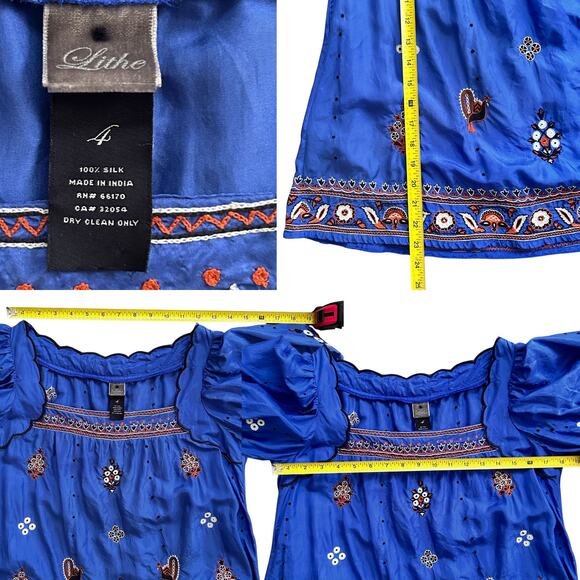 Lithe 100% Silk Blue Peasant Blouse S – Embroidered Boho Top Y2K Era - Picture 5 of 5